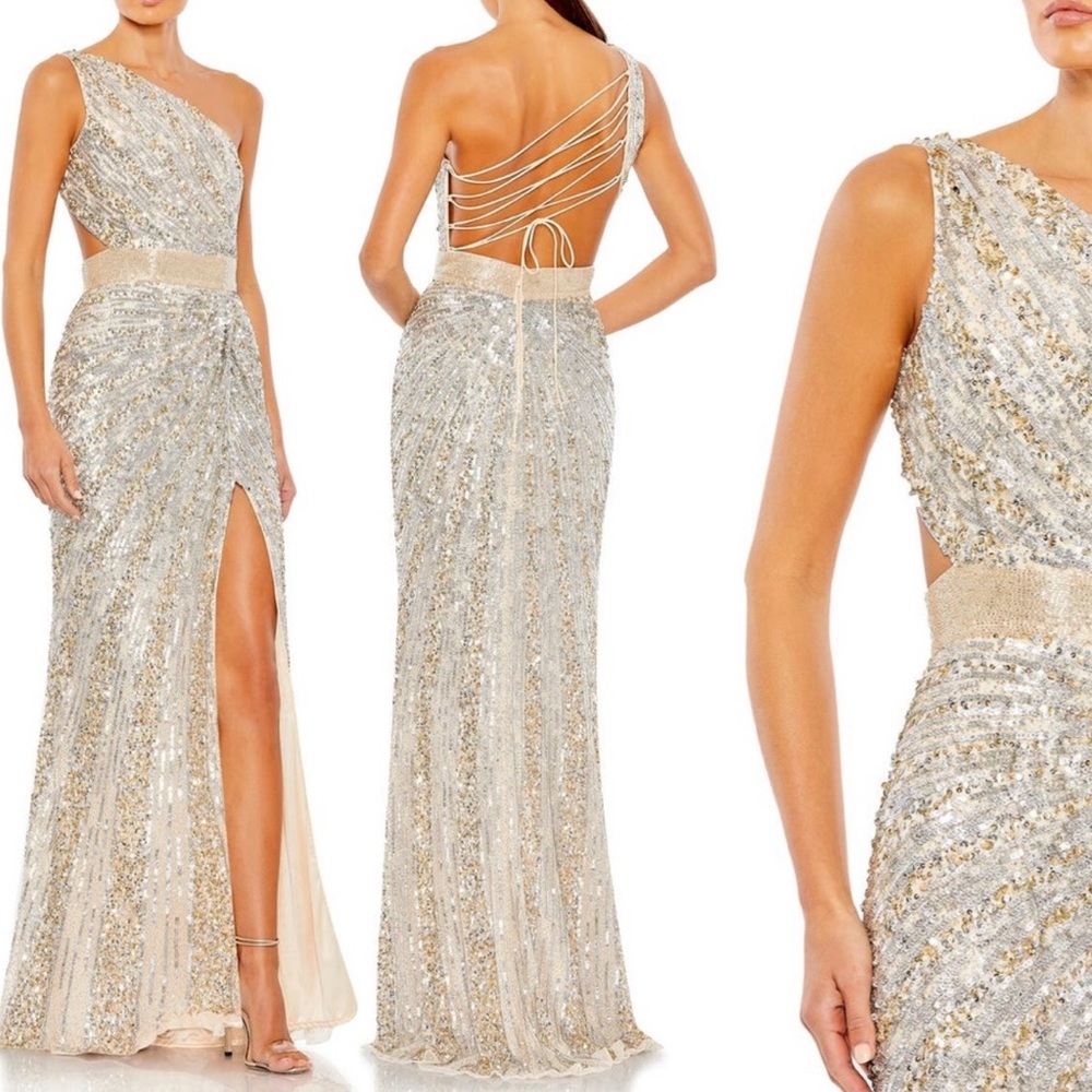 Mac Duggal Silver Sequin One-Shoulder Gown | Sequined OneShoulder Draped Lace Up